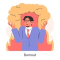 Work burnout. Distressed man overwhelmed by fiery emotions. Mental