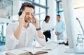 Work burnout, headache or stress for crm telemarketing sales worker, customer service or call center employee at office