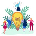 Work business people concept, creative idea vector illustration. Man woman character design success project, large bulb. Royalty Free Stock Photo