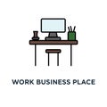 work business place icon, symbol of interior, computer display with office accessories are on the work table, cute outline, Royalty Free Stock Photo