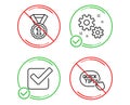 Work, Checkbox and Best rank icons set. Quick tips sign. Settings, Approved tick, Success medal. Vector