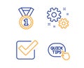 Work, Checkbox and Best rank icons set. Quick tips sign. Settings, Approved tick, Success medal. Vector