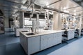 Chemistry lab with white cabinets, chemist workstations and swivel castor chairs. High room. Chemical preparations, test tubes and