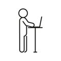 Work at computer and stand, ergonomic workplace. Correct body position. Protect health, posture. Vector outline sign Royalty Free Stock Photo