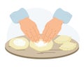 The work of a cook in the kitchen. Illustration of hands with dough. Hands mold pies, dumplings. Food illustration