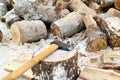 Work in the countryside in the winter, chop wood firewood and firewood Royalty Free Stock Photo