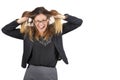 Work crisis. Woman pulling hair on white background