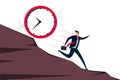 work deadline, tried businessman running away from falling rolling huge clock down hill