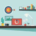 Work desk and accessories on flat design concept Royalty Free Stock Photo