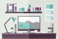 Work desk with computer monitor. Workplace designer or businessman. Vector illustration.