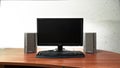 Work desk for digital job with computer, audio speakers and keyboard timelapse hyperlapse