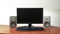 Work desk for digital job with computer, audio speakers and keyboard timelapse hyperlapse
