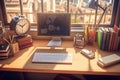 work desk home office corner with big window and warm sunlight with wooden table 3d graphic, generative AI Royalty Free Stock Photo
