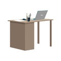 working wooden table with a laptop, working papers, a glass with pens