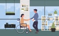 Work for disabled people, handicapped woman sitting in wheelchair, shaking hand with boss
