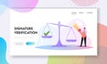 Work with Documents, Signature Authenticity Professional Service Landing Page Template. Tiny Male Character Hold Scroll Royalty Free Stock Photo