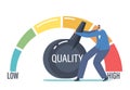 Work Efficiency Management Solution for Success. Tiny Businessman Character Pull Lever Arm to Increase Level Quality