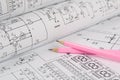 Electrical engineering drawings and pencils Royalty Free Stock Photo
