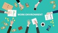 Work environment concept discussion illustration with paperworks, money and folder document on top of table Royalty Free Stock Photo