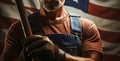 Work Ethic Unveiled, American Laborer\'s Hand Grasping the Tools with the american flag in the background. Generative AI