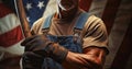 Work Ethic Unveiled, American Laborer\'s Hand Grasping the Tools with the american flag in the background. Generative AI