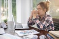 Work Failure Concept, Business Woman Having Headache While Working Using Laptop Computer. Stressed And Depressed Girl Touching Her Royalty Free Stock Photo