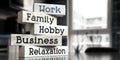 Work, family, hobby, business, relaxation - words on wooden blocks