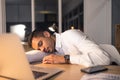 Work fatigue, business man and sleeping office employee feeling burnout from night deadline. Sleep of a digital finance