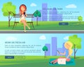 Work on Fresh Air Vector Banner Woman with Laptops Royalty Free Stock Photo