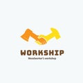 Work and Friendship Abstract Vector Symbol, Icon, Emblem or Logo Template. Woodworkers Workshop Logotype. Handshake of