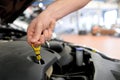 Work in a garage - worker controls and changes the motoroil