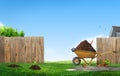 work in garden backyard lawn with tools, background with wooden fence Royalty Free Stock Photo