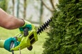 Work in the garden. The gardener is cutting plants. Hedge trimmer works. Hedge trimmer in action. Home and garden concept. Work Royalty Free Stock Photo