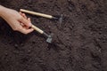 Work in the garden and greenhouse concept, a hand with small gardening tools plants seeds in the ground, top view