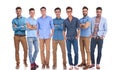 Work group of seven hapy casual men standing