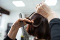 The work of a hairdresser. Hairdresser cut hair of a woman  in a beauty salon Royalty Free Stock Photo