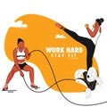 Work Hard Stay Fit Concept With Faceless Young Ladies Doing Exercise Against White And Orange