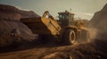 Work of heavy equipment in an open pit for gold ore mining, soft focus, generative ai