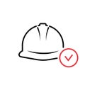 Work helmet line icon. Inspection and check of worker construction hat. Control quality of construction helmet icon. Vector