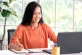 Work from home, Asian women working online with laptop computer at home office, Asia female making video conference at home