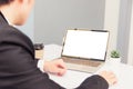 Businessman wearing suit video conference call by laptop computer