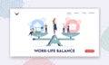 Work Home Balance Landing Page Template. Characters Balancing on Scales with Life Values. Woman Housewife Businesswoman