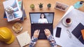 Work from home. boss making video conference to order work with employee via laptop computer during home isolation to avoid spread Royalty Free Stock Photo