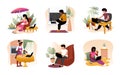 Work from home. Cartoon men and women sit with laptops. Freelance or leisure pastime and hobby. Cozy workspace for