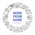 Work from home circle frame poster with line icons. Vector illustration included icon as freelance worker with laptop