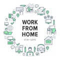 Work from home circle frame poster with line icons. Vector illustration included icon as freelance worker with laptop