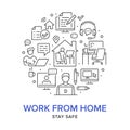 Work from home circle poster with line icons. Vector illustration included icon as freelance worker with laptop