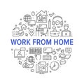 Work from home circle poster with line icons. Vector illustration included icon as freelance worker with laptop