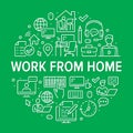 Work from home circle poster with line icons. Vector illustration included icon as freelancer with laptop, workplace, pc