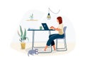 Work at home concept design. Freelance woman working on laptop at her house, dressed in home clothes. Vector